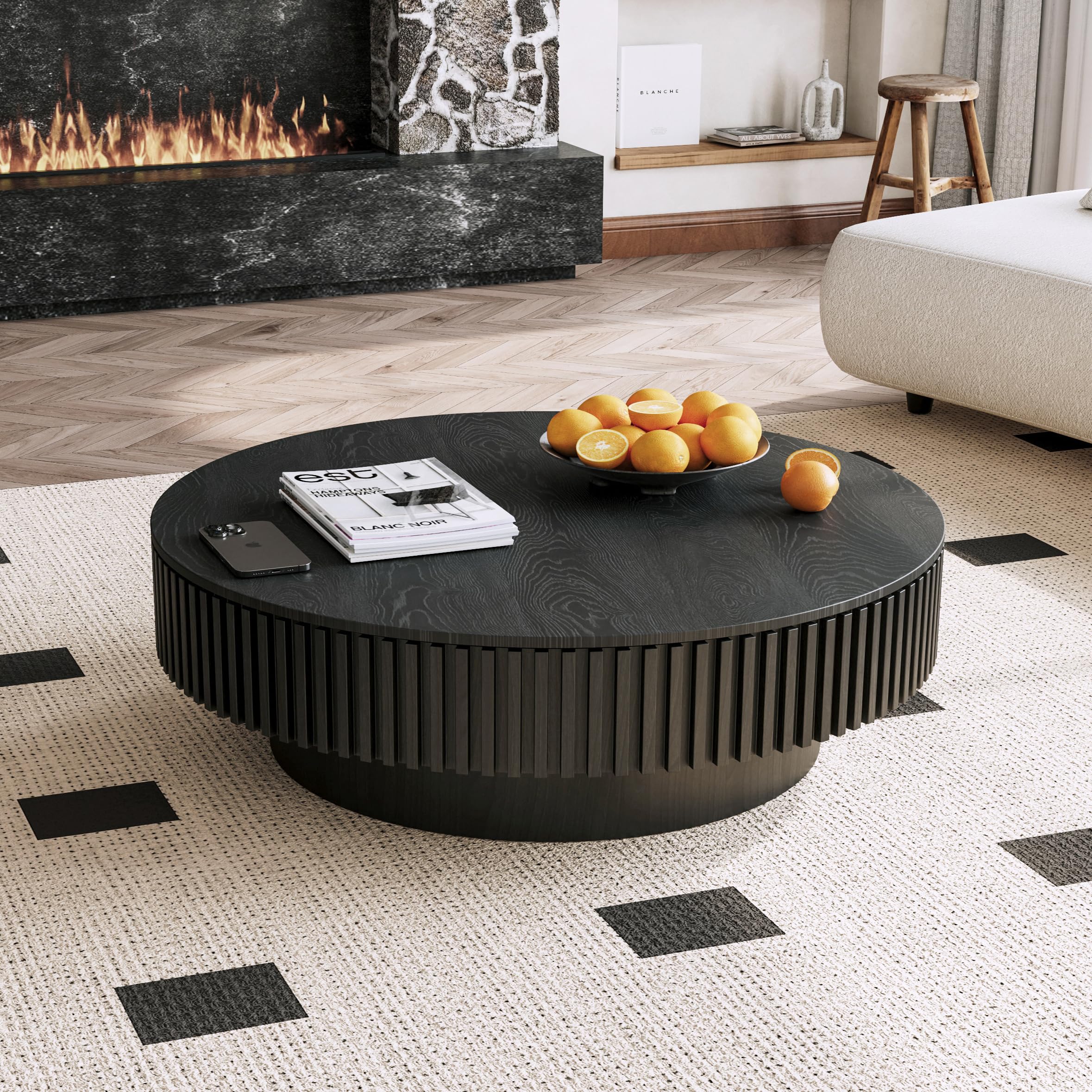 31" Round Coffee Table for Living Room, Mid Century Modern Coffee Table with Sturdy Pedestal, Circle Center Table Accent Tea Table for Apartment Walnut