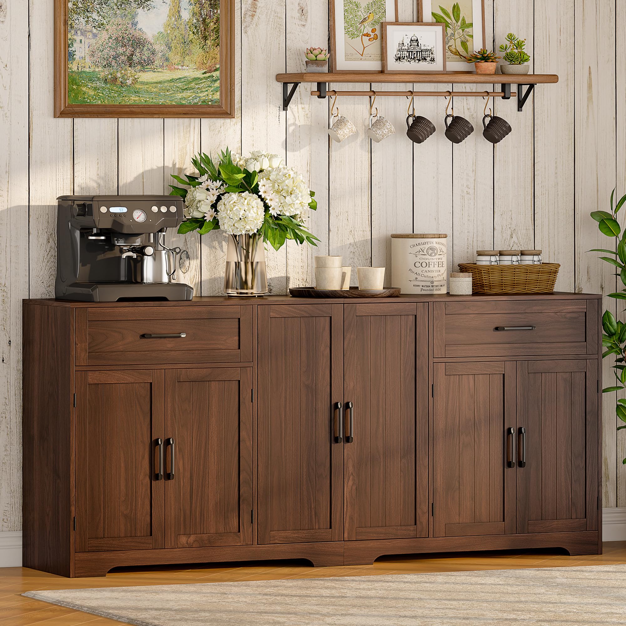 Whalefall 71" Farmhouse Sideboard Buffet Cabinet with Storage, Large Coffee Bar with 2 Drawers & 6 Doors, Kitchen Storage Credenza with Adjustable Shelves for Dining Room, White