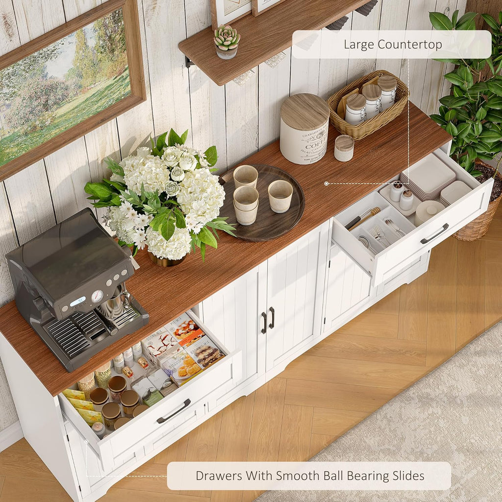 Whalefall 71" Farmhouse Sideboard Buffet Cabinet with Storage, Large Coffee Bar with 2 Drawers & 6 Doors, Kitchen Storage Credenza with Adjustable Shelves for Dining Room, White