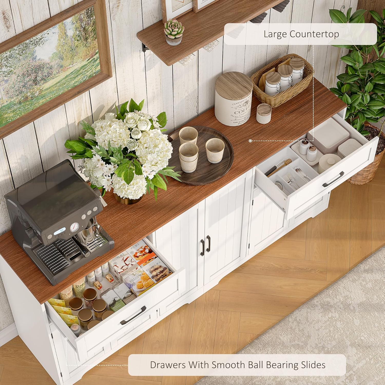 Whalefall 71" Farmhouse Sideboard Buffet Cabinet with Storage, Large Coffee Bar with 2 Drawers & 6 Doors, Kitchen Storage Credenza with Adjustable Shelves for Dining Room, White