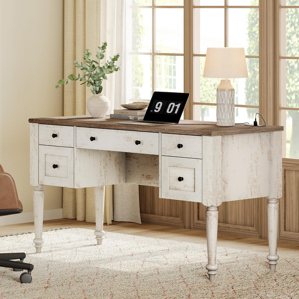 WAMAPT Farmhouse Executive Desk with Drawers, Vintage Writing Desk with Charging Station, Home Office Desk with Storage Cabinet & Open Shelf for Study, 56 Inch, Oak