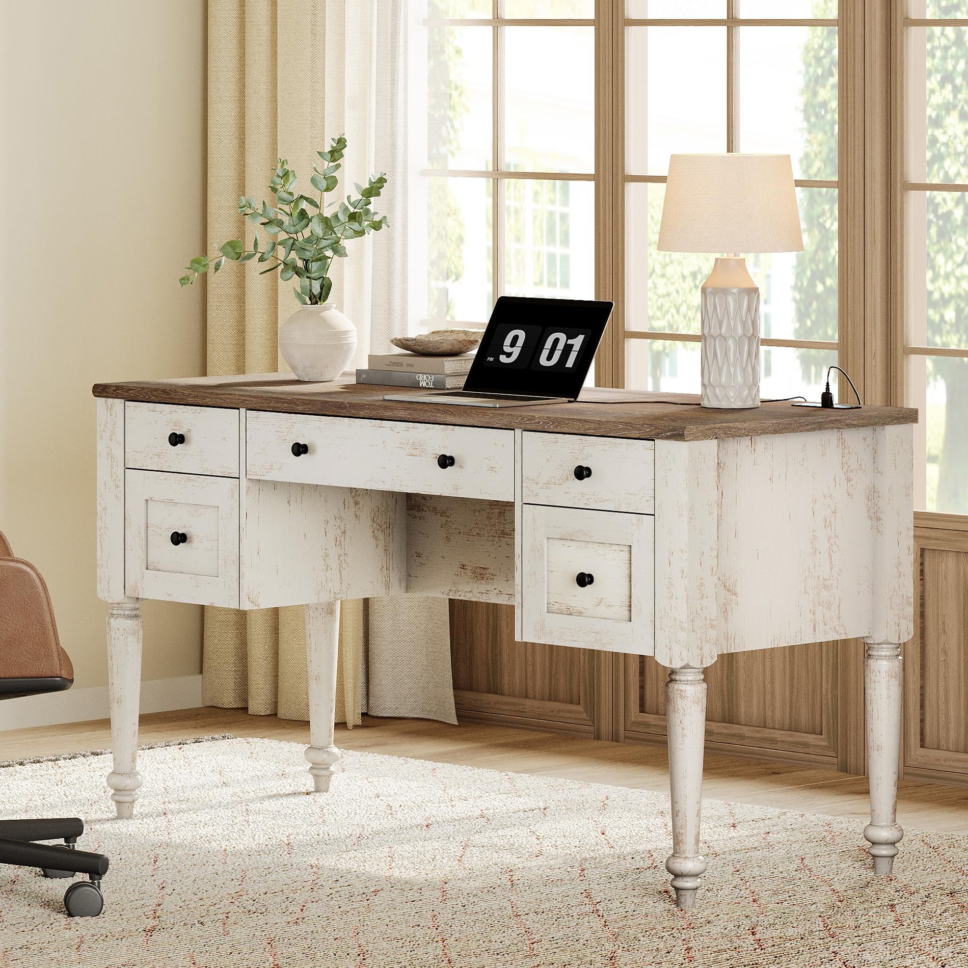 WAMAPT Farmhouse Executive Desk with Drawers, Vintage Writing Desk with Charging Station, Home Office Desk with Storage Cabinet & Open Shelf for Study, 56 Inch, Oak