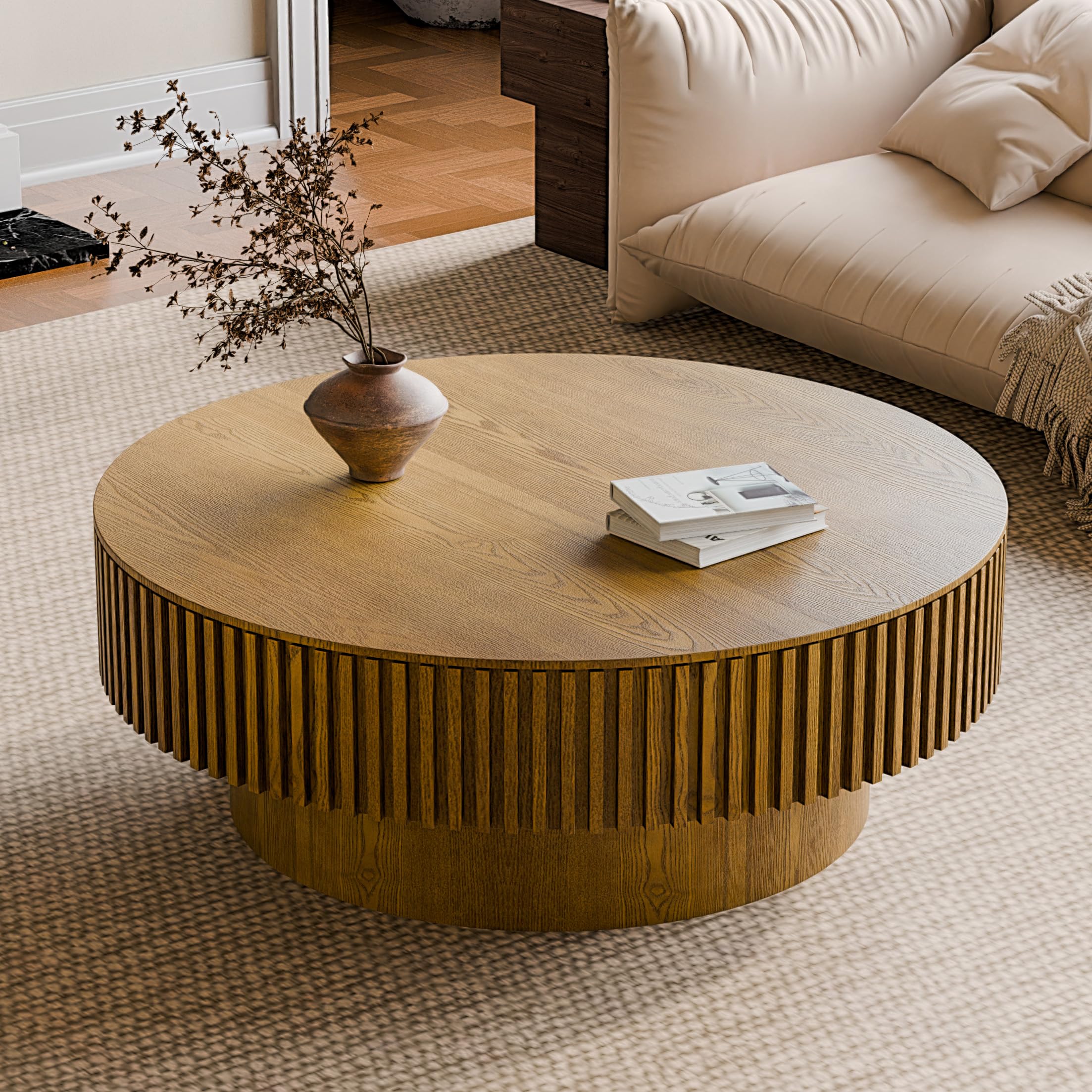 31" Round Coffee Table for Living Room, Mid Century Modern Coffee Table with Sturdy Pedestal, Circle Center Table Accent Tea Table for Apartment Walnut