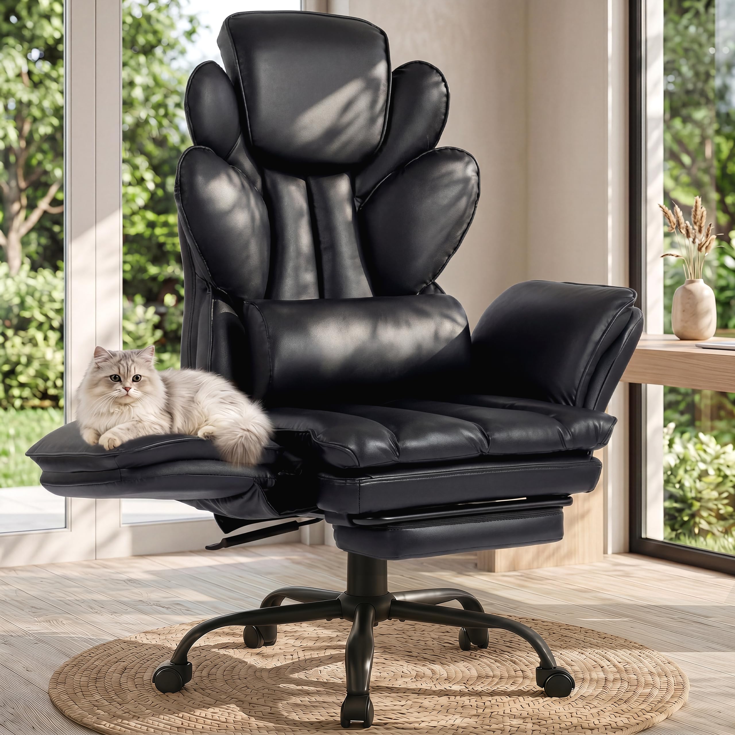 Flip Armrests Criss Cross Office Chair, Reclining Office Chair with Foot Rest, Adjustable Headrest, Massage Waist Pillow, Cross Legged Big and Tall Desk Chair Wide Seat Vanity Chair, PU Leather White