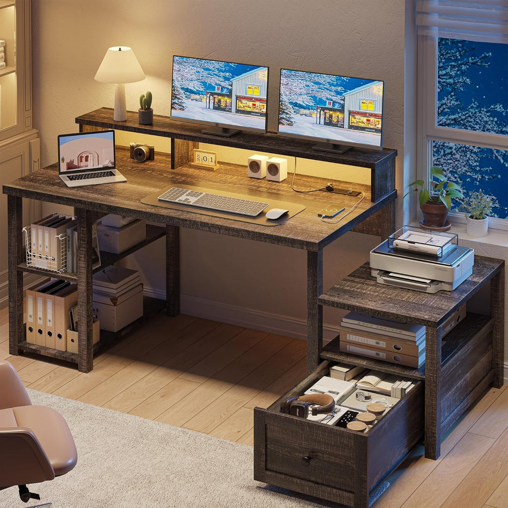 EnHomee 60.4" Computer Desk with Drawer, Office Desk with Monitor Stand, Farmhouse Study Desk with Power Outlet & LED Light, Writing Desk for Home and Study Room, Dark Rustic Oak