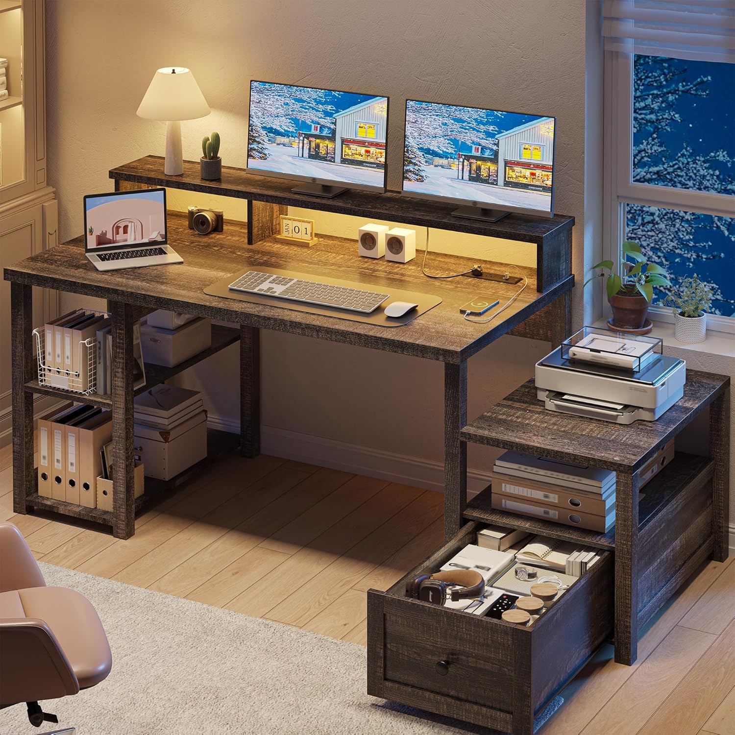 EnHomee 60.4" Computer Desk with Drawer, Office Desk with Monitor Stand, Farmhouse Study Desk with Power Outlet & LED Light, Writing Desk for Home and Study Room, Dark Rustic Oak