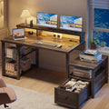 EnHomee 60.4" Computer Desk with Drawer, Office Desk with Monitor Stand, Farmhouse Study Desk with Power Outlet & LED Light, Writing Desk for Home and Study Room, Dark Rustic Oak