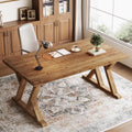 63" Solid Wood Executive Desk for Home Office, Farmhouse Wooden Large Office Computer Desk, Writing Study Table Business Workstation with X Shaped Legs, Rustic Brown