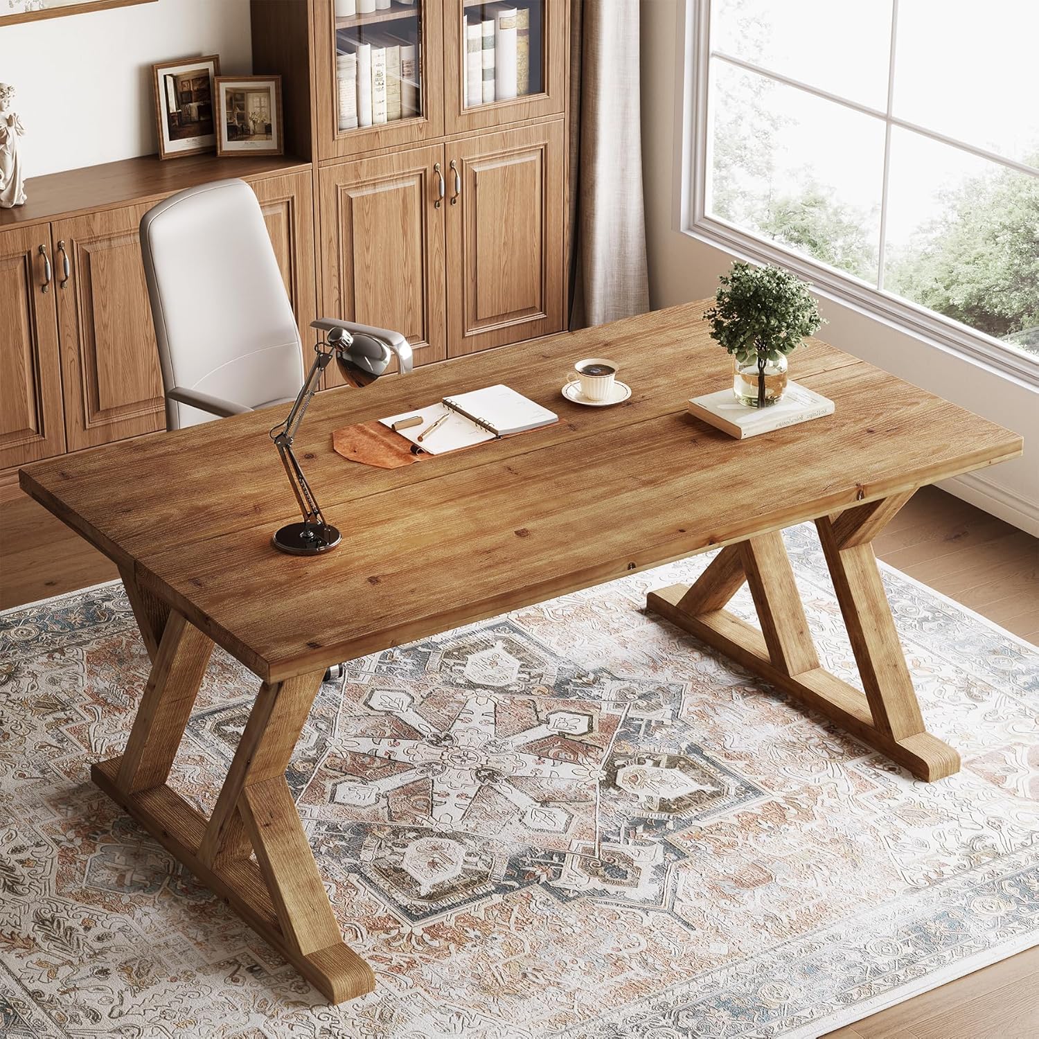 63" Solid Wood Executive Desk for Home Office, Farmhouse Wooden Large Office Computer Desk, Writing Study Table Business Workstation with X Shaped Legs, Rustic Brown