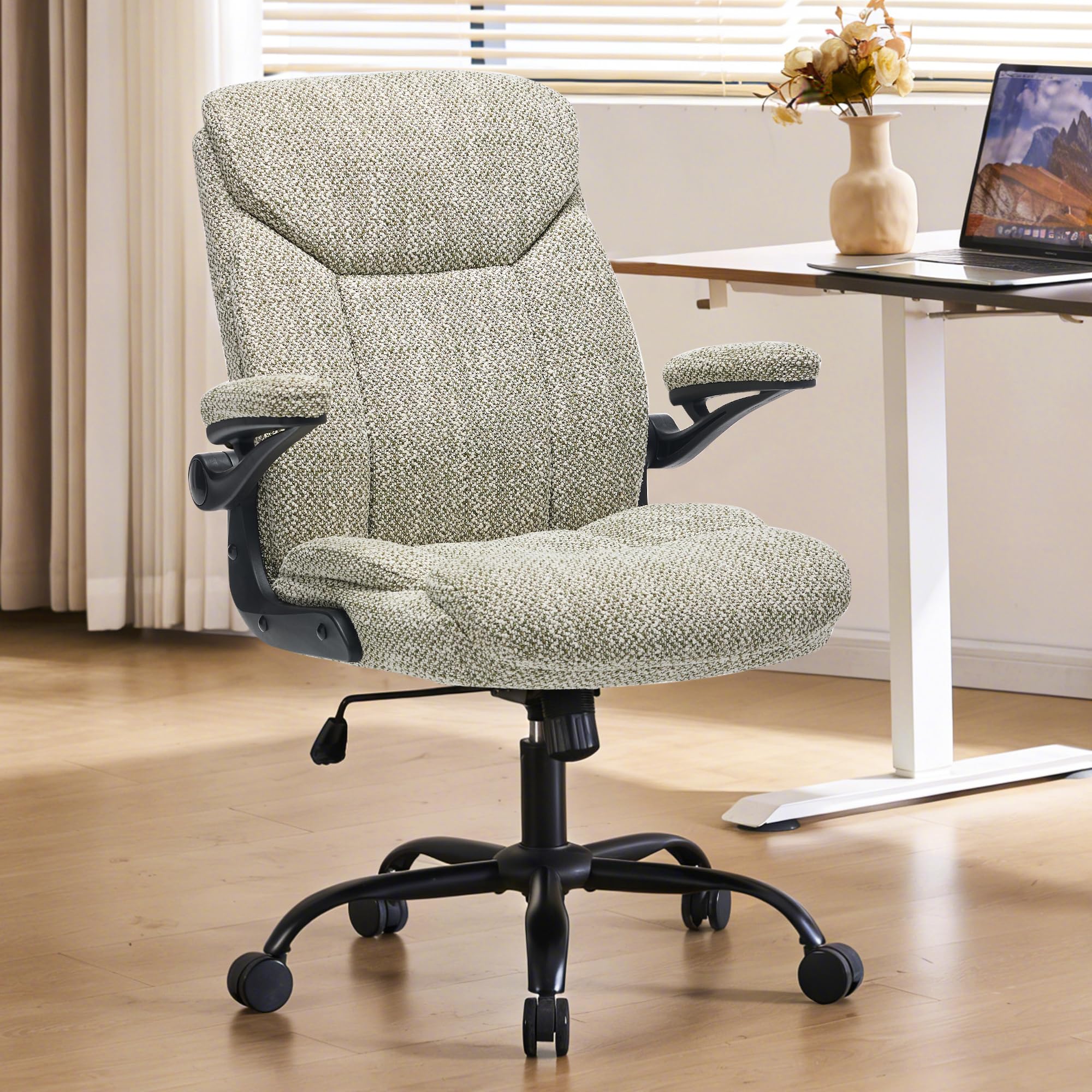 Home Office Ergonomic Desk Chair - Comfy Leather Executive Chair with Flip-Up Armrests, Height Adjustable Computer Chair for Gaming, 360° Swivel & Rocking(Black)